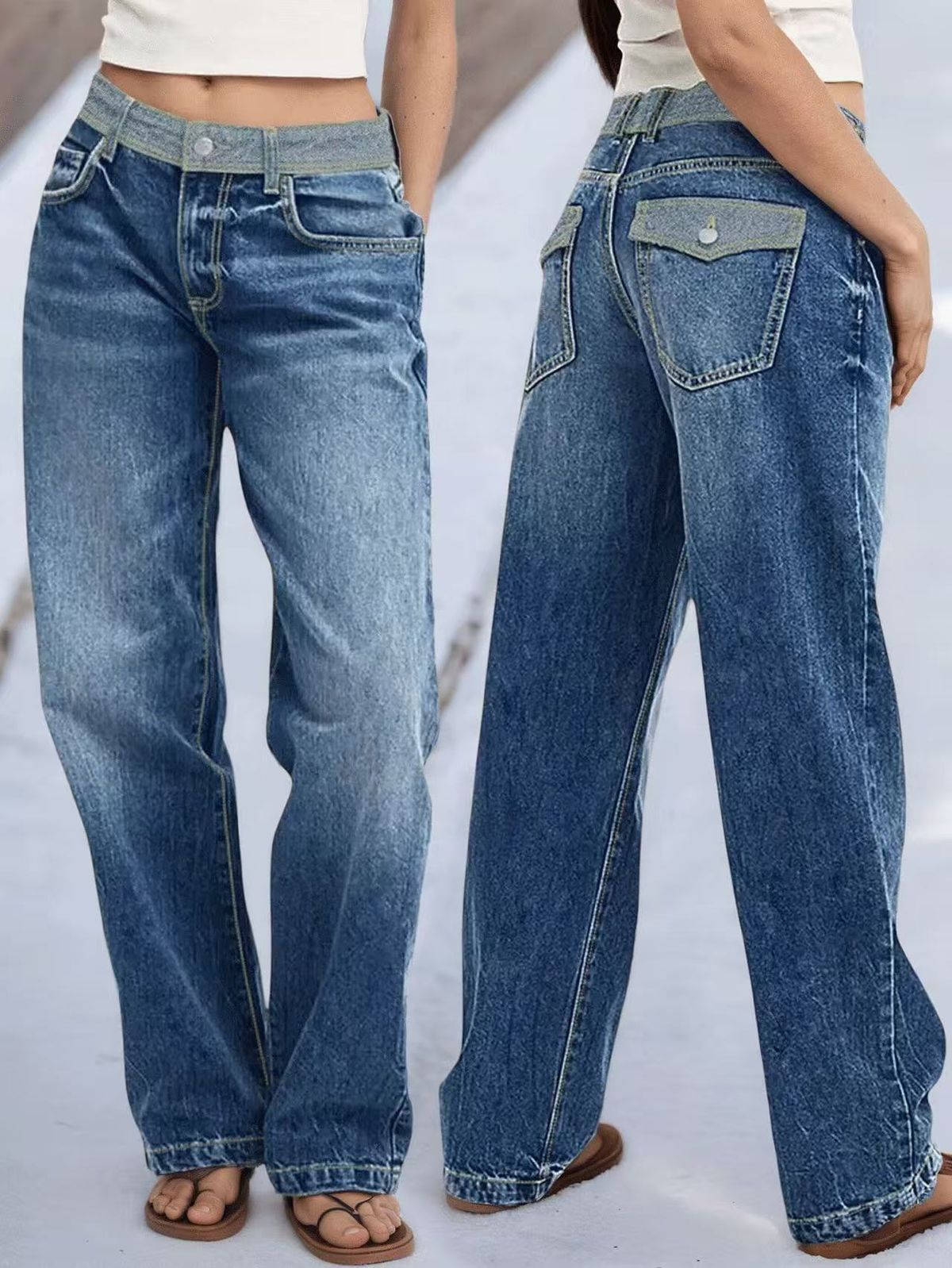 Women's Clothing Vintage Patchwork Jeans – Straight-Leg Denim With Contrast Panels For Retro & Casual Outfits_mkmklike.com