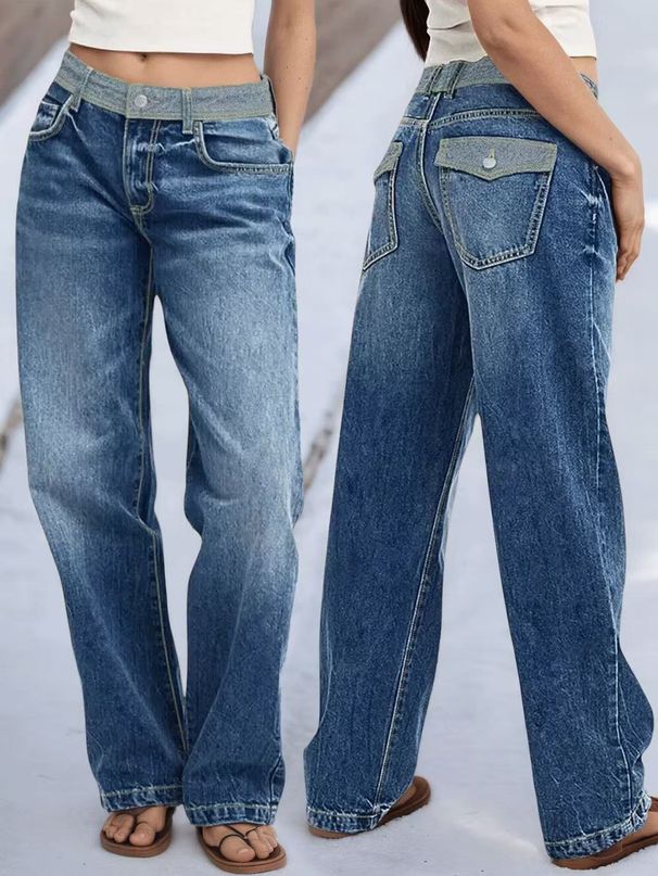 Women's Clothing Vintage Patchwork Jeans – Straight-Leg Denim With Contrast Panels For Retro & Casual Outfits_mkmklike.com