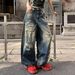 Men's Clothing Trendy Loose Fitting Straight Leg Jeans Blue Washed Faux Ripped Mid Waist Cotton Long Pants Machine Washable_mkmklike.com