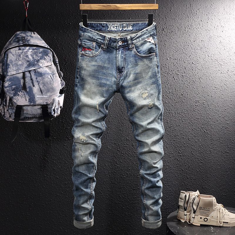 Men's Distressed Blue Jeans Stretch Denim Pants Ripped Details Slim Straight Leg Vintage Style Casual Wear_mkmklike.com