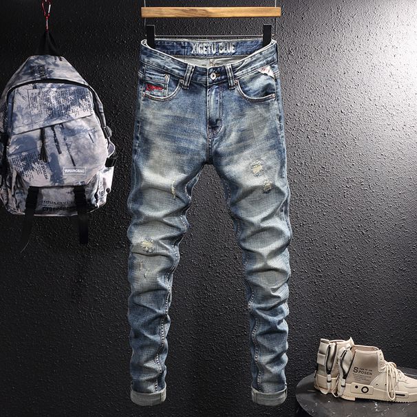 Men's Distressed Blue Jeans Stretch Denim Pants Ripped Details Slim Straight Leg Vintage Style Casual Wear_mkmklike.com