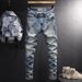 Men's Distressed Blue Jeans Stretch Denim Pants Ripped Details Slim Straight Leg Vintage Style Casual Wear_mkmklike.com