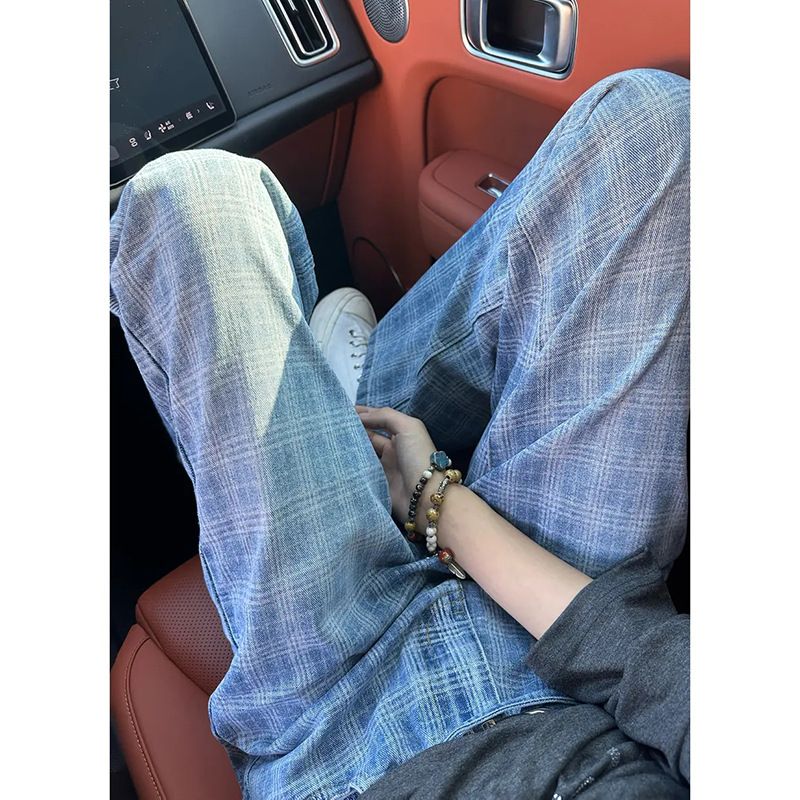 Men's Blue Plaid Straight Leg Loose Fitting Jeans High Street Style Slimming Casual Slightly Flared Trendy Cool_mkmklike.com