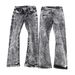 Men's Clothing Unisex Trendy High Street Style PU Washed Denim Jeans Distressed Crack Flared Texture Men's Clothing_mkmklike.com