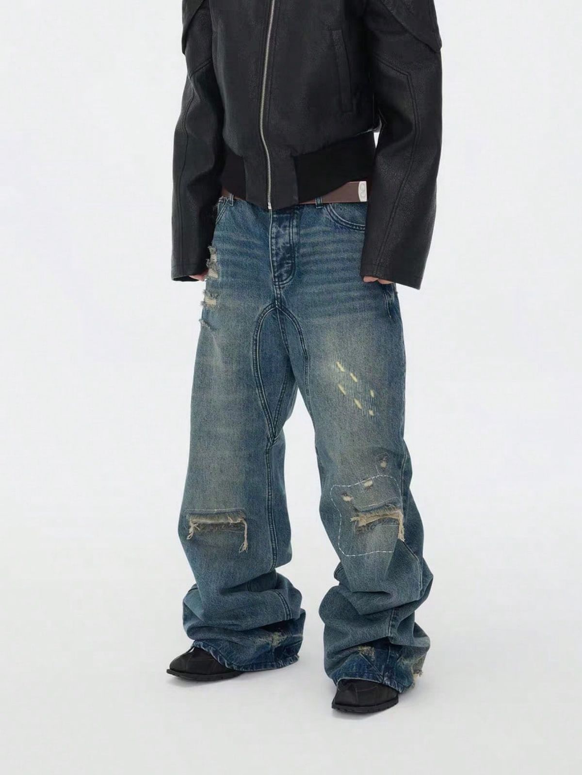 Men's Trendy Y2K American Style Jeans High Street Washed Slim Fit Straight Leg Long Pants_mkmklike.com