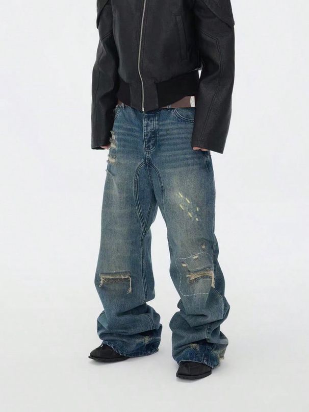 Men's Trendy Y2K American Style Jeans High Street Washed Slim Fit Straight Leg Long Pants_mkmklike.com
