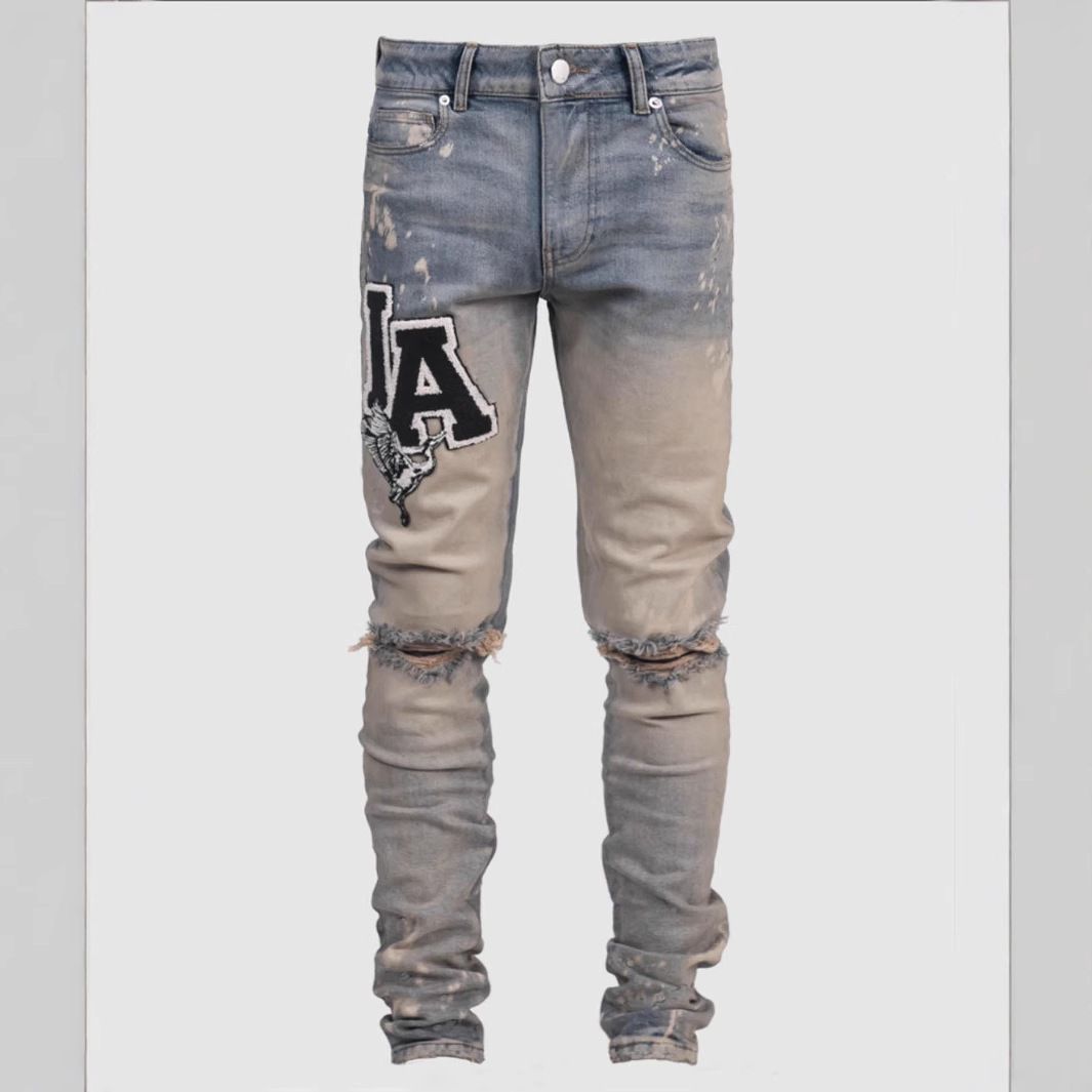 Men's Slim Fit Stretch Jeans – Rock-Inspired Ripped & Printed Denim Pants (Royal Blue) – High Street Fashion With Distressed Details_mkmklike.com
