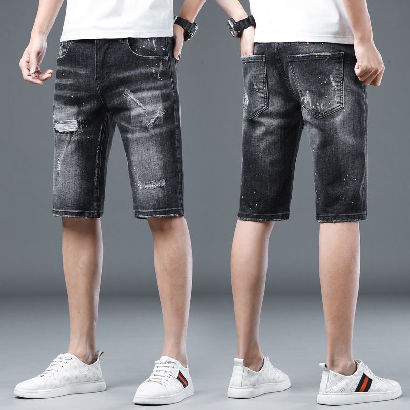 "Men's Stretch Ripped Denim Shorts – Summer Thin Korean Style Casual Shorts With Elastic Waist (Black/Gray, Sizes 28-38)"_mkmklike.com