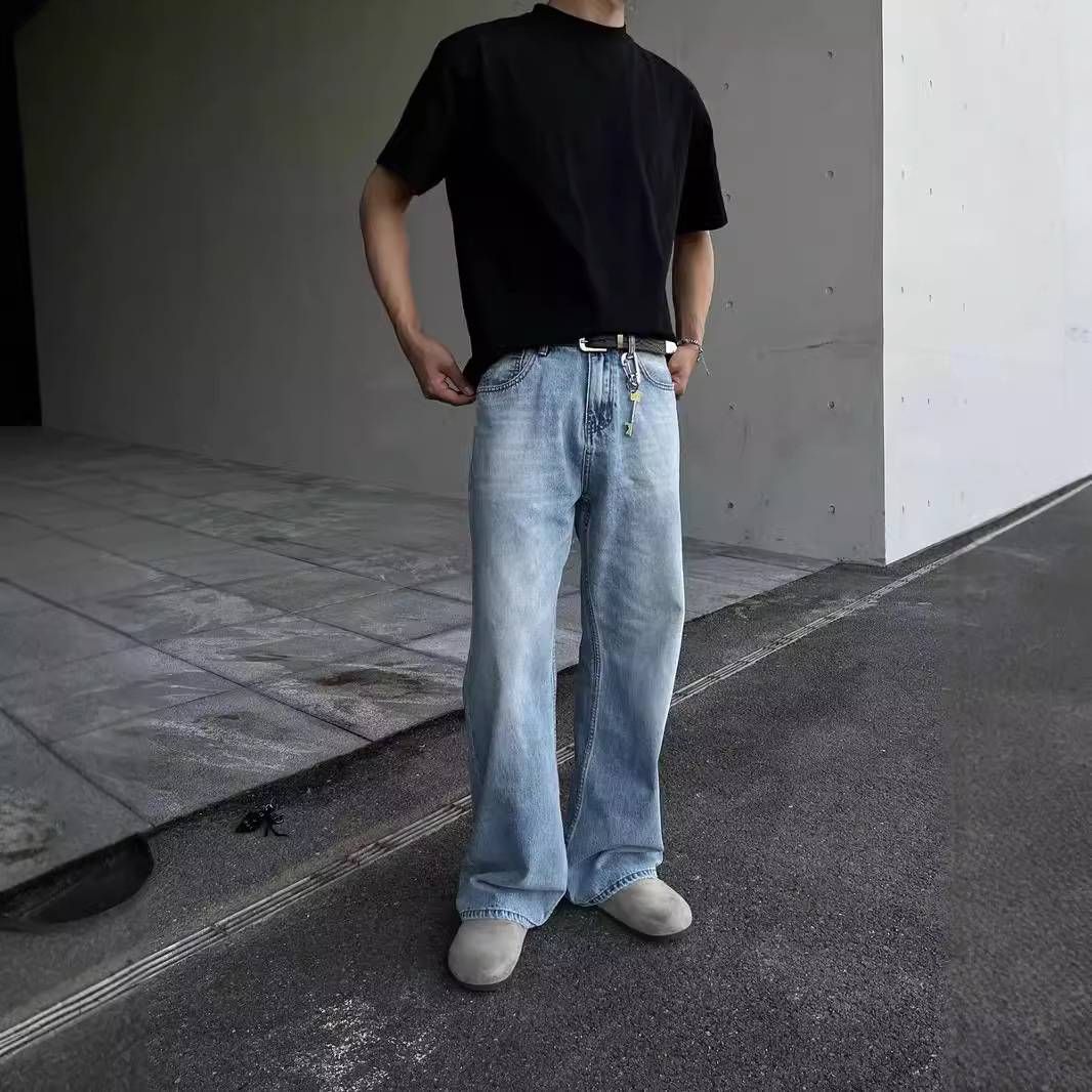 Men's Clothing Retro Blue Cow Washed Slightly Wide Leg Versatile Vintage Cleanfit Jeans_mkmklike.com
