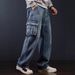 Men's Hip Hop Baggy Jeans Overalls - Washed Blue Denim Wide Leg Loose Fit Pants With Multi-Pockets | Streetwear Fashion_mkmklike.com