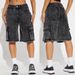 Streetwear Distressed Denim Cargo Shorts For Women – Mid-Length Washed Cotton Blend With Raw Hem & Utility Pockets_mkmklike.com