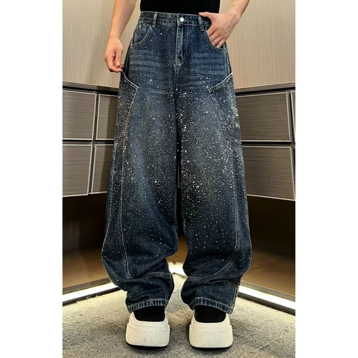 Men's Clothing High End Men's Rhinestone Studded Straight Leg Jeans Spring Collection Street Style Loose Wide Leg Pants Fashion_mkmklike.com