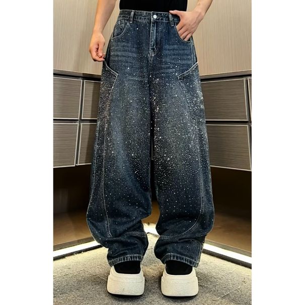 Men's Clothing High End Men's Rhinestone Studded Straight Leg Jeans Spring Collection Street Style Loose Wide Leg Pants Fashion_mkmklike.com