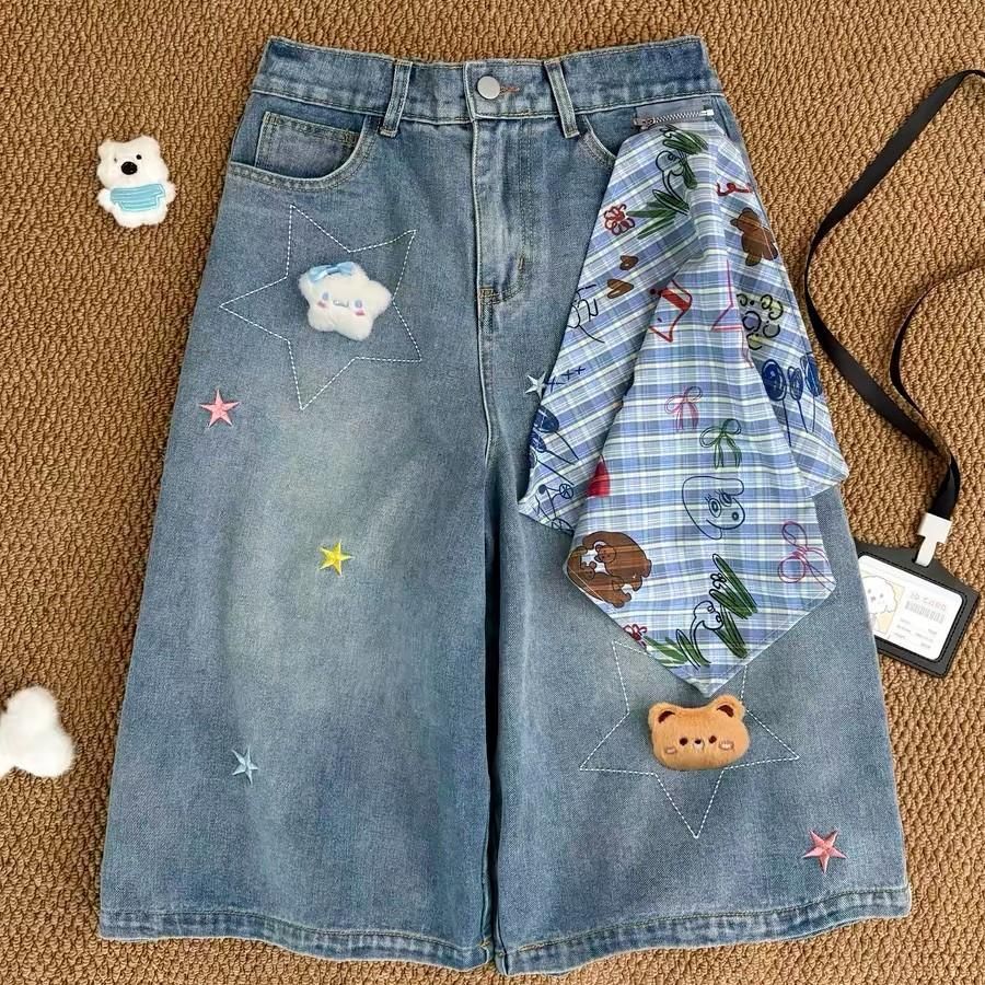 Unisex Distressed Denim Capri Pants Retro Style Embroidered Baggy Fit Knee-Length Shorts Comfortable Men's Clothing_mkmklike.com