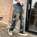 Men's Clothing Trendy Washed Straight Casual Pants Distressed Hole Denim Trousers Ripped Patches Embroidered Jeans_mkmklike.com