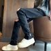 Black Ripped Jeans for Men High Street Style Slimming Straight Leg Loose Fit Zipper American Streetwear Vibe Design_mkmklike.com