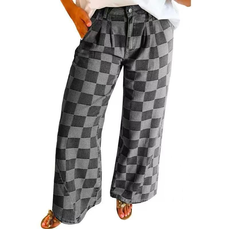 Women's Trendy Plaid Print Jeans, Autumn New Style, High Waist, Loose Fit, Wide Leg Pants_mkmklike.com