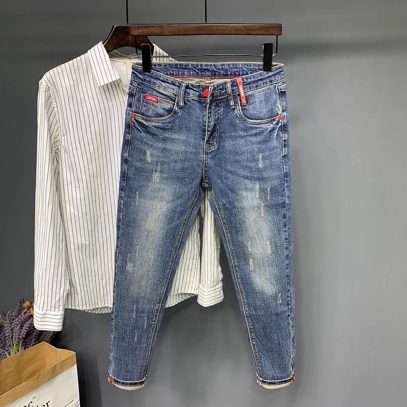 New Style Men's Slim Fit Skinny Jeans 9/10 Elastic Waist Casual Embroidered Denim Trendy Spring_mkmklike.com