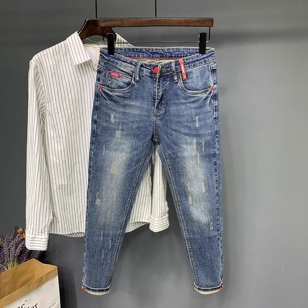 New Style Men's Slim Fit Skinny Jeans 9/10 Elastic Waist Casual Embroidered Denim Trendy Spring_mkmklike.com