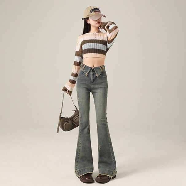 American Retro Cuffed Hot Girl Jeans For Women, Spring And Autumn, Low-waisted, Slim-fit, Flattering, Slightly Flared,_mkmklike.com