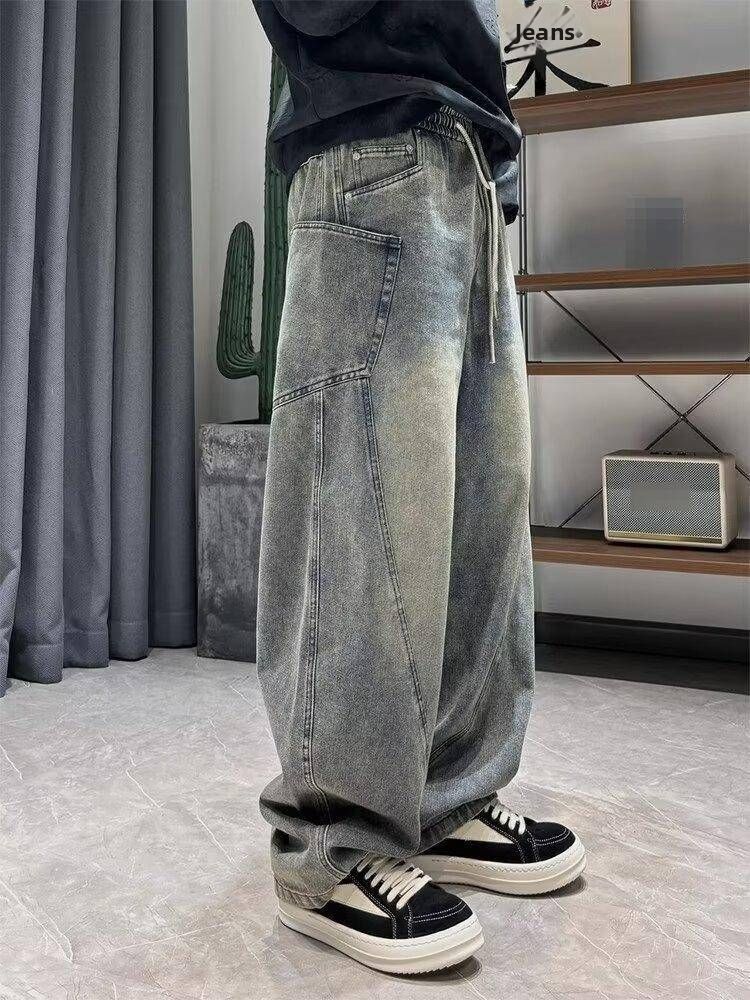 Men's Vintage Workwear Jeans Distressed Washed Blue Relaxed Straight Fit Utility Pockets Raw Hem Denim_mkmklike.com