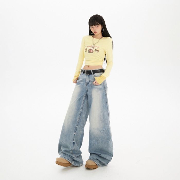 YC&American Retro Loose High-waisted Wide-leg Jeans Distressed Details, Versatile For Autumn And Winter, Women's Long_mkmklike.com