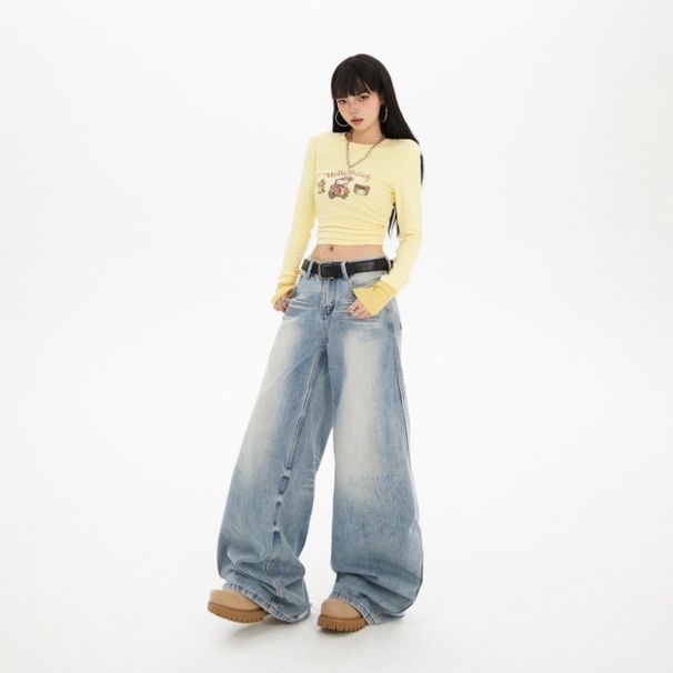 YC&American Retro Loose High-waisted Wide-leg Jeans Distressed Details, Versatile For Autumn And Winter, Women's Long_mkmklike.com