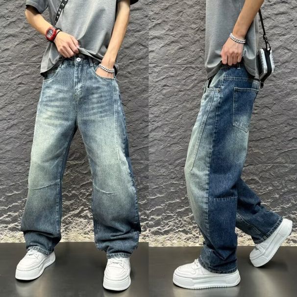 Men's Clothing Men's Retro Washed Distressed Cleanfit Jeans Loose Straight Leg Wide Leg Floor Length Summer Trousers_mkmklike.com