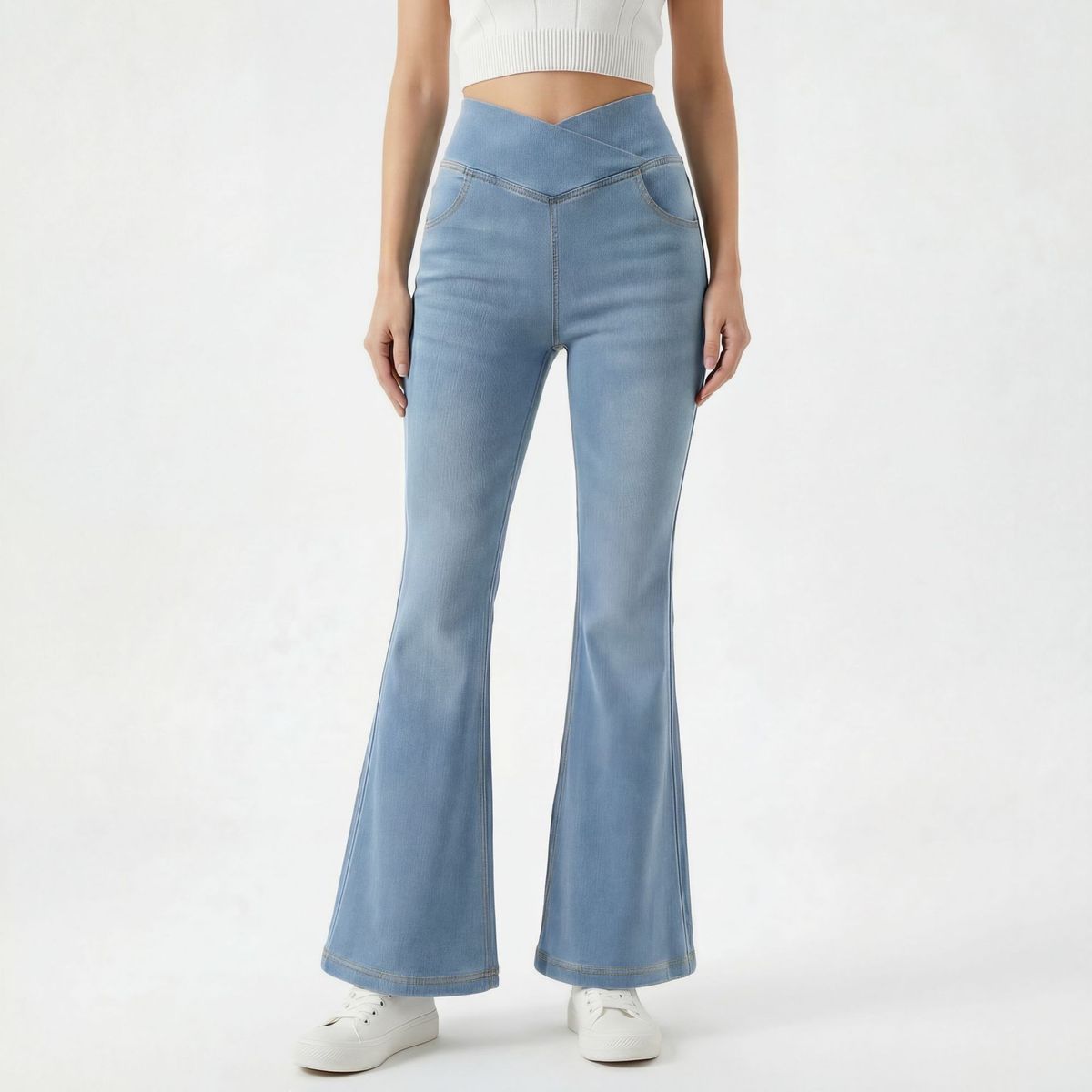 Cross-waist Knitted Flared Jeans Women, High-waisted, Slimming, Stretchy, Fitted, With A Nice Drape, Fashionable Long_mkmklike.com