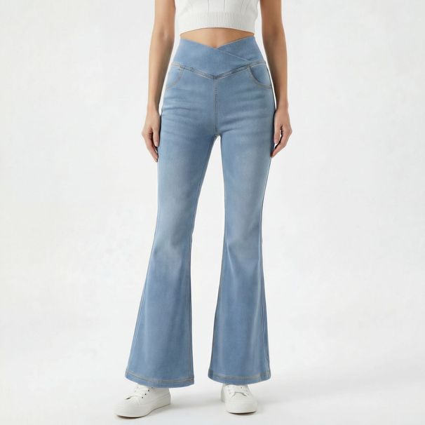 Cross-waist Knitted Flared Jeans Women, High-waisted, Slimming, Stretchy, Fitted, With A Nice Drape, Fashionable Long_mkmklike.com