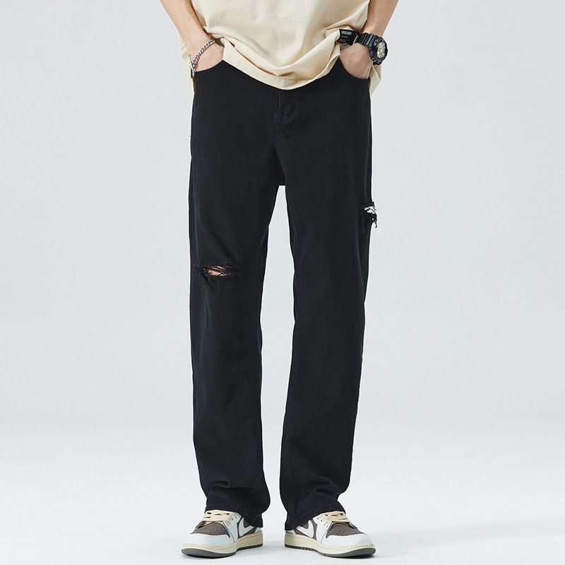 Nordmann Muqiu Clothing | 2025 Summer New Black High Street Ripped Jeans Men's Trendy American Straight Long Pants_mkmklike.com