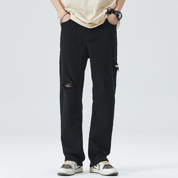 Nordmann Muqiu Clothing | 2025 Summer New Black High Street Ripped Jeans Men's Trendy American Straight Long Pants_mkmklike.com
