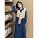 ELLE Super Stylish Denim Blue For Women, Autumn New Slimming And Concealing College Style Vest Dress Two-Piece Set_mkmklike.com