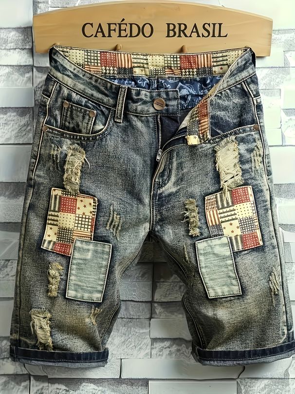 Men's Denim Shorts, Summer Ripped Fabric, Men's Underwear, Slim Fit Shorts, Straight Leg Worn-out Men's Pants, European And American_mkmklike.com