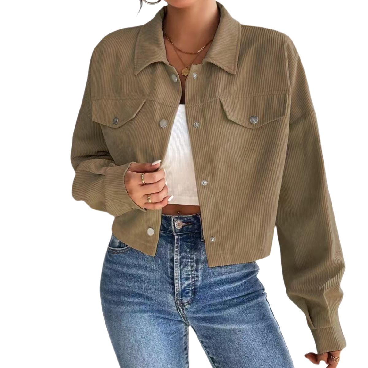 Women's Elegant Slim Fit Corduroy Cardigan Jacket Polo Collar Short Zipper Autumn Winter Ladies Fashion_mkmklike.com