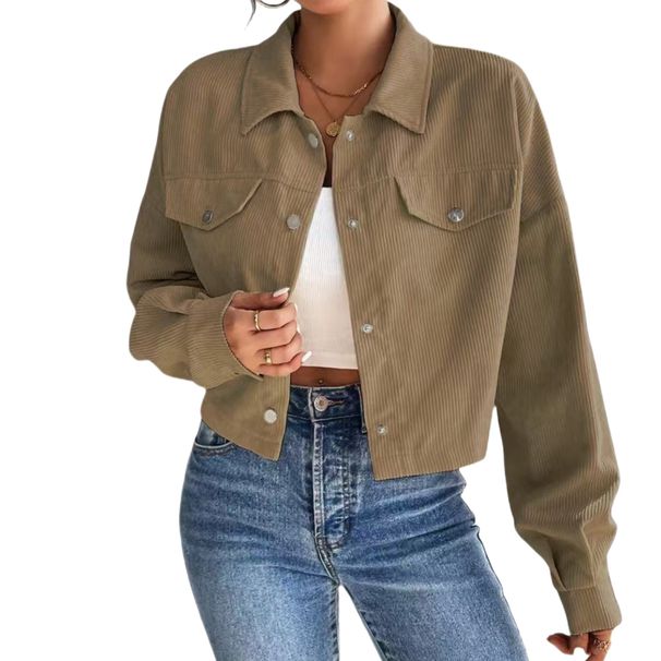Women's Elegant Slim Fit Corduroy Cardigan Jacket Polo Collar Short Zipper Autumn Winter Ladies Fashion_mkmklike.com
