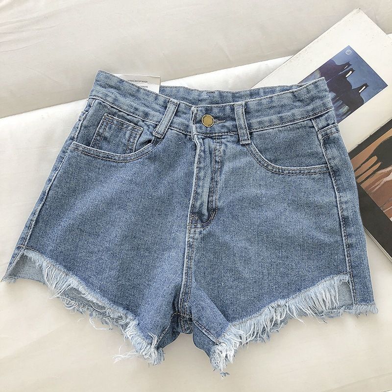 Summer Style High-Waisted Loose Fit Frayed Denim Shorts for Women Korean plus Size Slimming Wide Leg Hot Pants_mkmklike.com