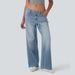 Women's Asymmetric Low-Rise Zip-Fly Jeans - Vintage-Inspired Straight-Leg Denim Pants With High Stretch (Dark Blue, Light Blue, Black)_mkmklike.com