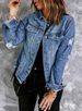 Vintage Denim Jacket For Women - Distressed Non-Stretch Polo Collar Long Sleeve Casual Coat In Light Blue, Dark Blue & Retro Blue_mkmklike.com