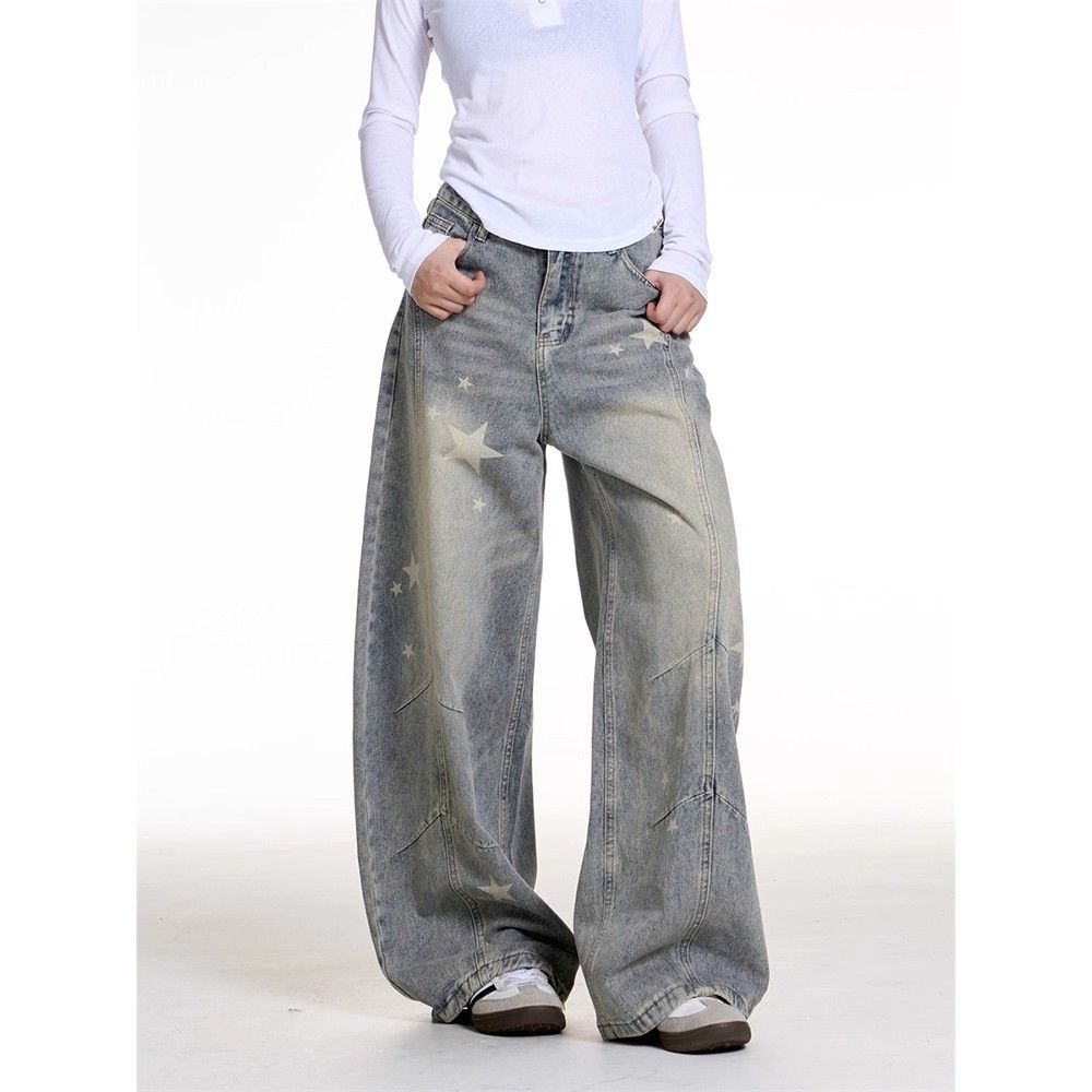 Women's Clothing Retro Star Patterned Jeans Slimming Loose Fit Wide Leg Pants Versatile Hot Girl Style_mkmklike.com