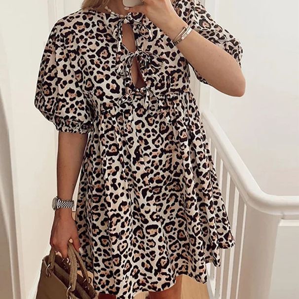 Women's Clothing Fashion Ladies Fashion Leopard Print Lace-up Loose Short Lantern Sleeve Dress_mkmklike.com