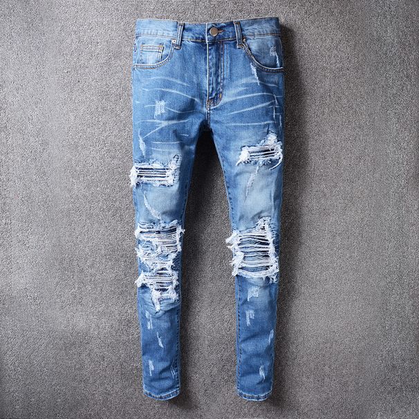 Men's Clothing High Street Fashion Ripped Men's Jeans Blue Patchwork Street Trend Elastic Slim Fit Hip Hop Men's Trendy Pants_mkmklike.com