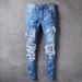 Men's Clothing High Street Fashion Ripped Men's Jeans Blue Patchwork Street Trend Elastic Slim Fit Hip Hop Men's Trendy Pants_mkmklike.com