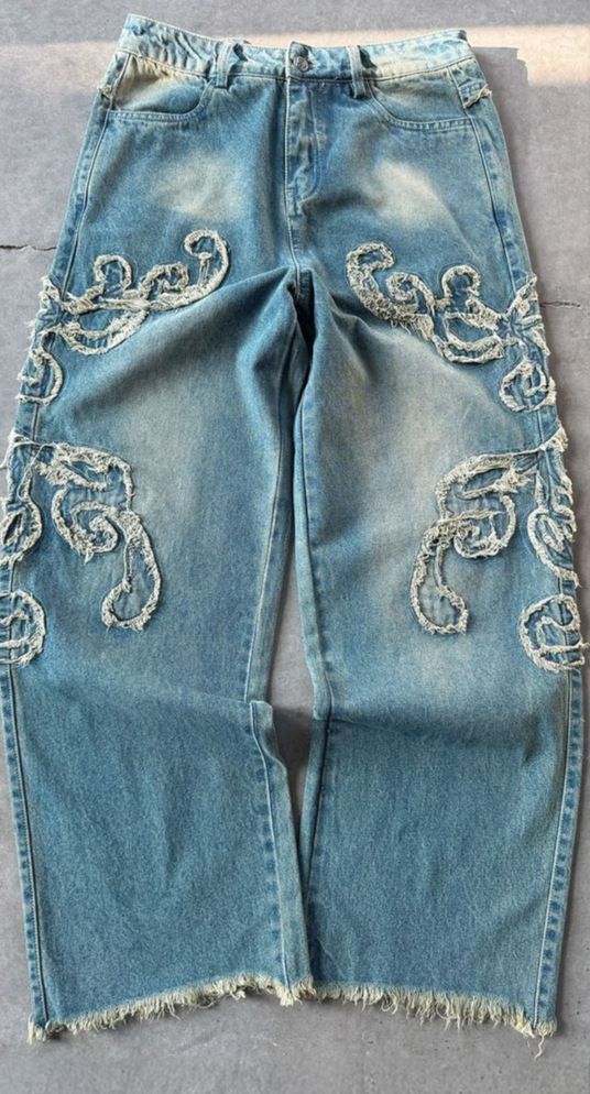 Men's Clothing Retro Street Skateboard Hip Hop Pull Flower Jeans Loose Trousers_mkmklike.com