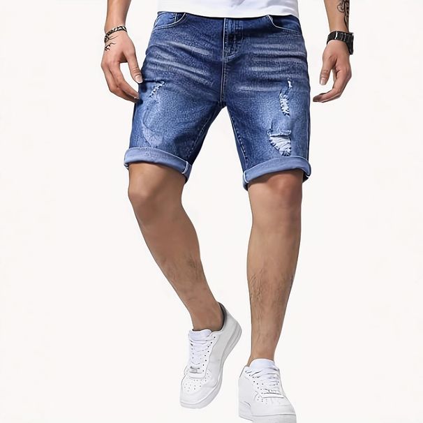 Men's Slim Fit Stretch Denim Shorts – Distressed 5-Point Ripped Design, Comfortable Casual Shorts (Peacock Blue/Black, S-2XL)_mkmklike.com