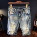 Men's Distressed Denim Shorts Vintage Washed Blue Stretch Casual Style with Rip Details 28 to 36_mkmklike.com