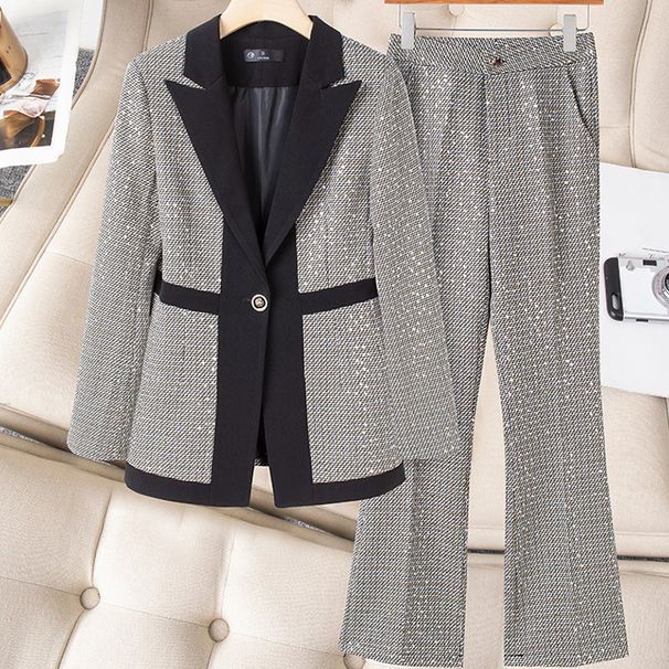 Women's Clothing high-end slim slimming heavy work sequins professional Plaid color matching suit_mkmklike.com