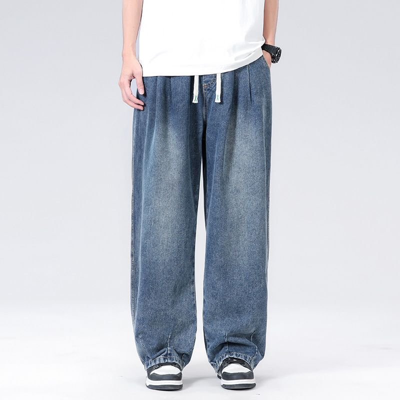 In Stock Spring Summer New Straight Wide Leg Jeans Loose Trendy Drawstring Versatile Simple Casual Long Pants Men_mkmklike.com