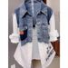 Fashionable Two-Tone Denim Shirt For Women - Stylish Layered Look With Striped & White Contrast Design - Casual Long Sleeve Blouse For Office_mkmklike.com