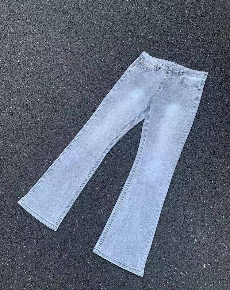 Cement Gray Stretch Flared Jeans – Cleanfit High Street Washed Distressed Denim For Men & Women – Vintage-Inspired Straight Leg_mkmklike.com